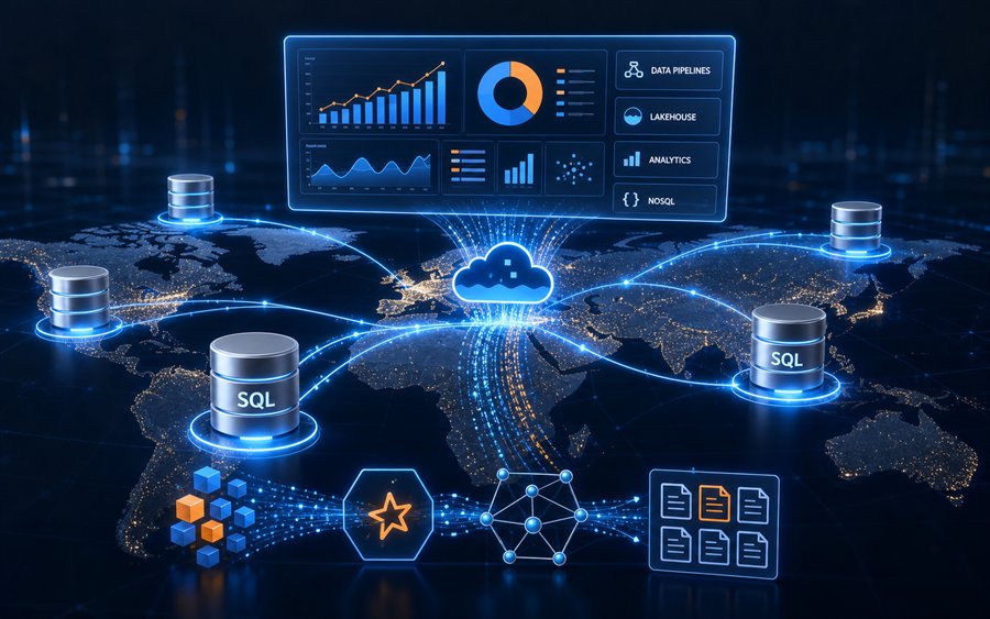Weltumspannendes Datennetz mit SQL Datenbankknoten, Cloud Analytics und Big Data Pipelines