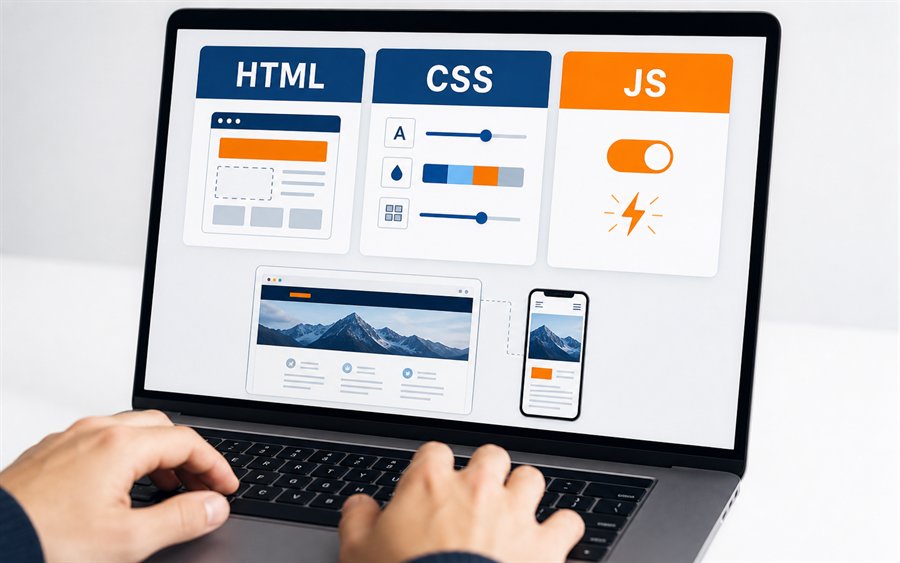 Notebook mit HTML CSS und JavaScript Webprojekt sowie responsiver Smartphone Vorschau