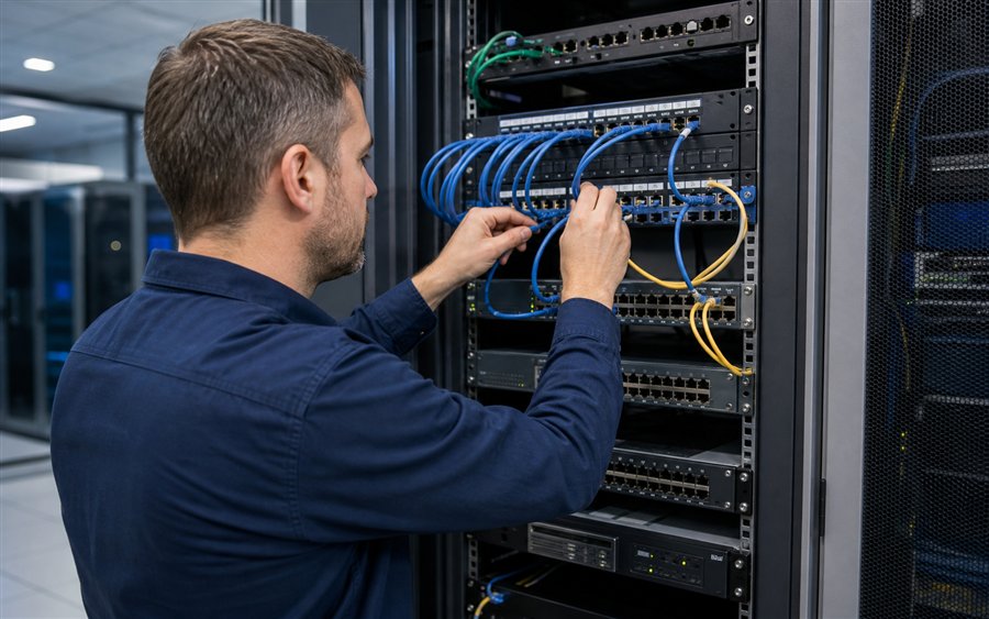 Administrator patcht Cat5 Netzwerkkabel an einem Serverschrank mit Switch und Patchpanel
